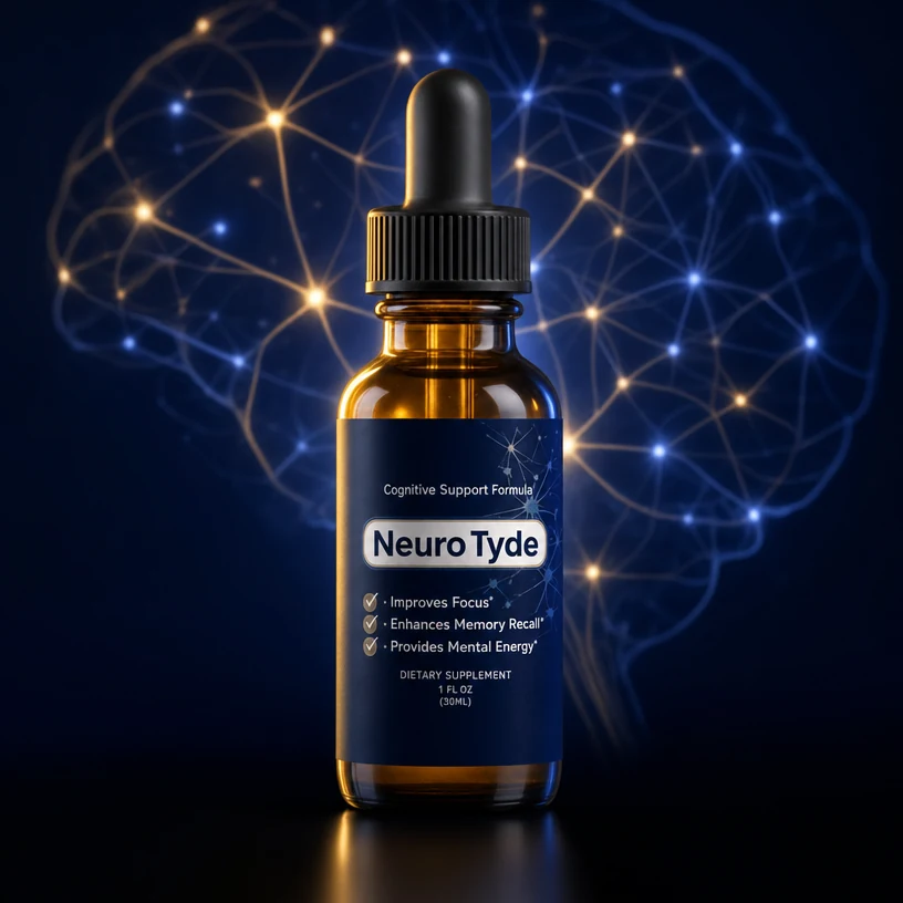 NeuroTyde liquid drops bottle with a neural focus background